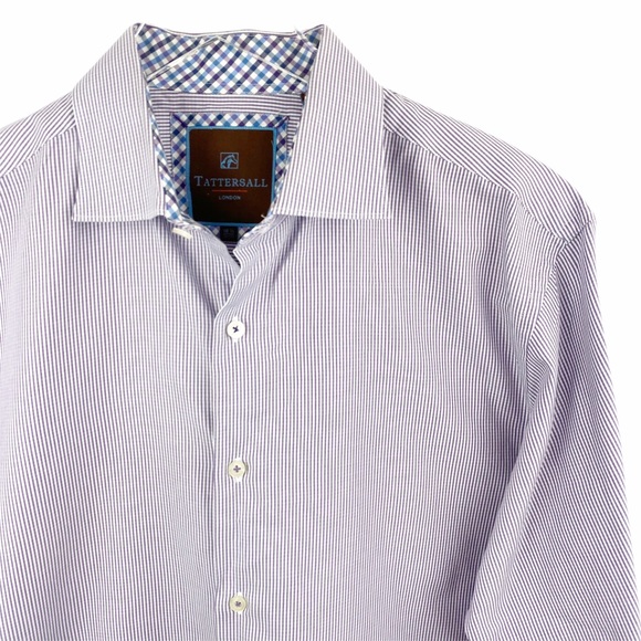 Tattersall London Purple Striped Button Down 16.5” - Picture 2 of 4